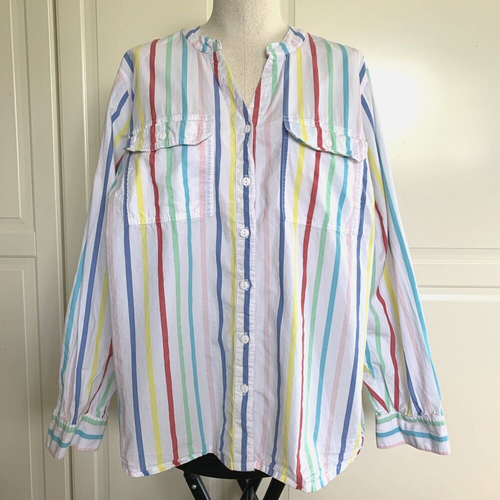 St Johns Bay Long Sleeve Button Up White Rainbow Stripe Shirt Womens Y2K